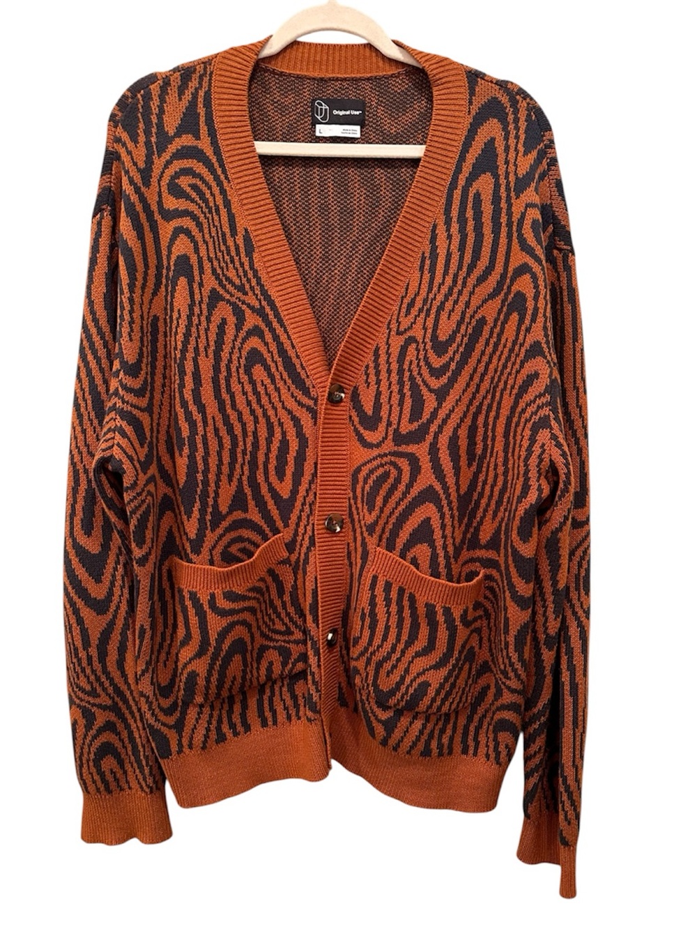Original Use Orange & Black Swirl Pattern Cotton Cardigan Layer Cozy Sz L